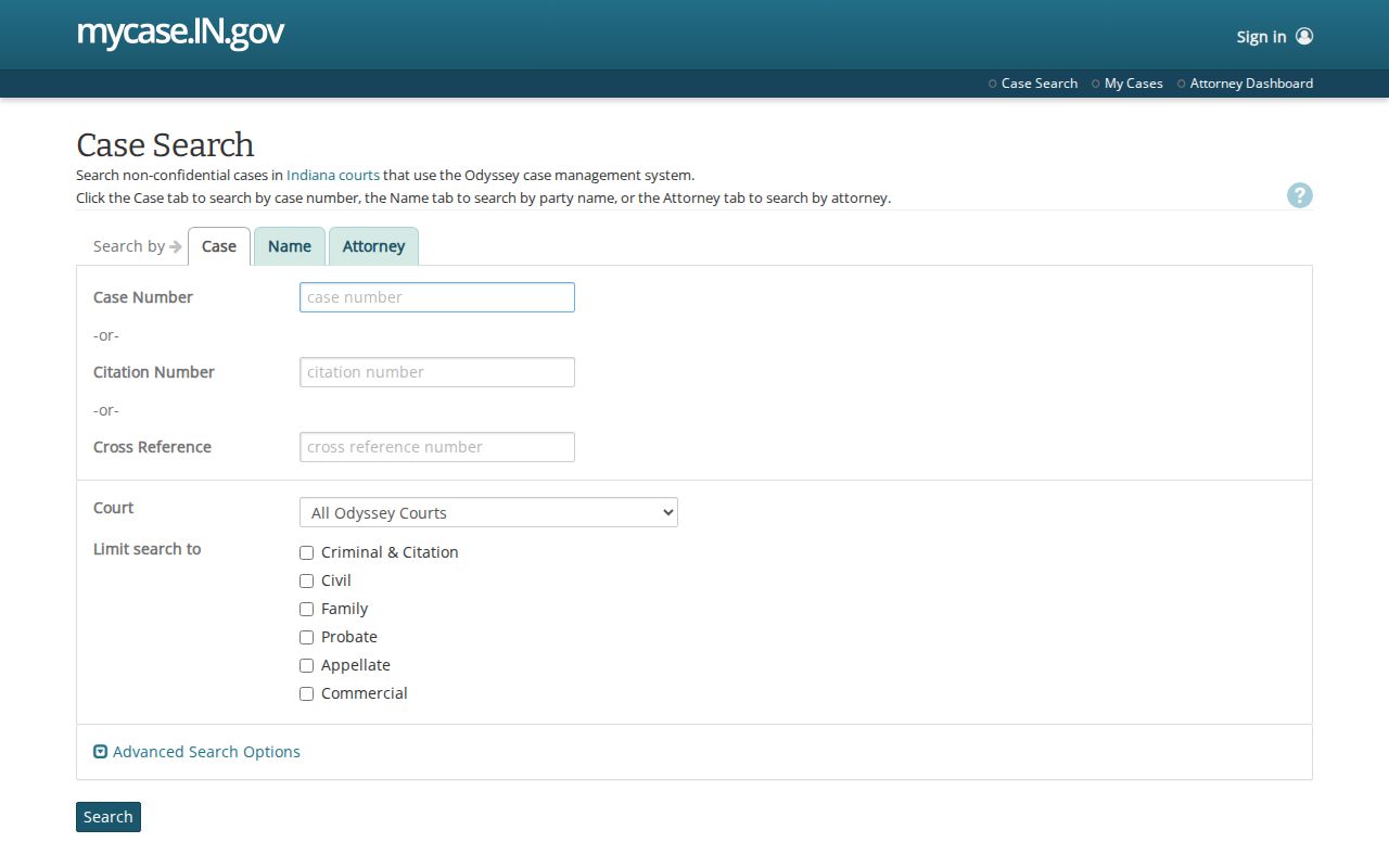 Jennings County warrant check at the empty Indiana MyCase search page