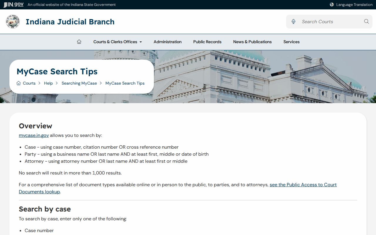 Jennings County warrant search fields in Indiana MyCase guidance