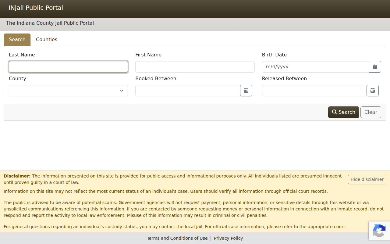Jennings County active warrant search distinction from the statewide INJail custody portal